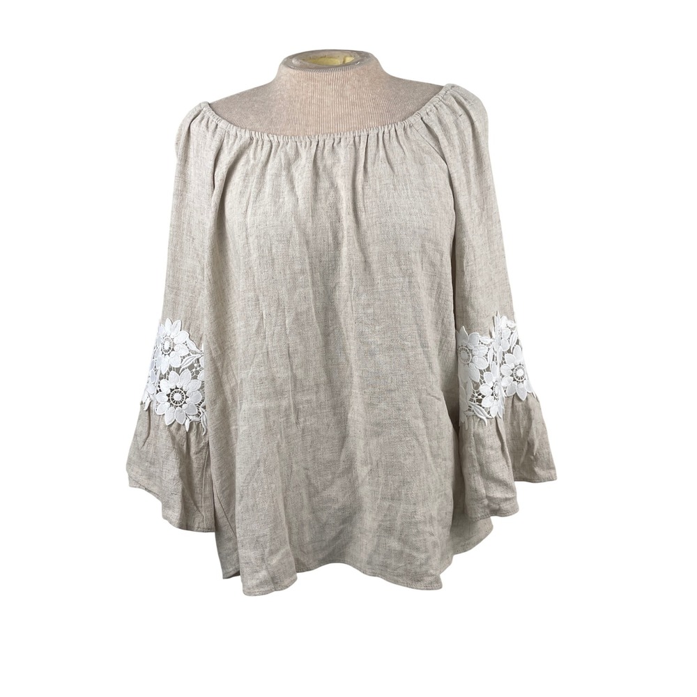 Karen Kane Womens Linen Blend Lace Bell Sleeve Peasant Blouse Beige L